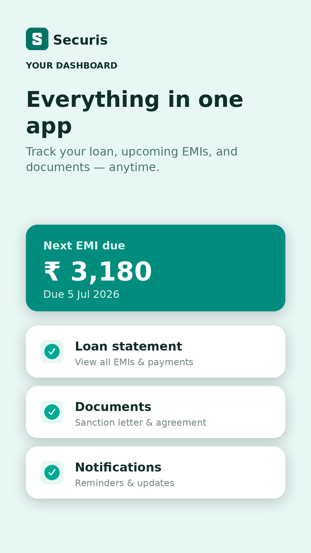 The Securis app showing a borrower's loan dashboard